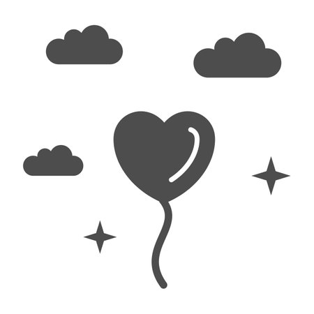 Heart-shaped balloon in clouds solid icon, Valentines Day concept, love symbol on white background, hot air balloon in shape of heart flying in air icon in glyph style. Vector graphics.のイラスト素材