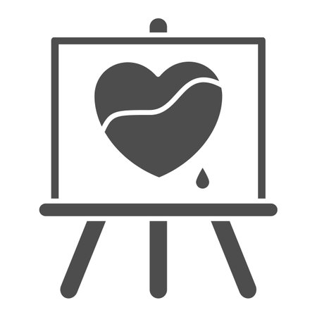 Painted heart on canvas solid icon, Valentines Day concept, Wood easel sign on white background, Canvas easel with painted heart icon in glyph style for mobile and web. Vector graphics.のイラスト素材