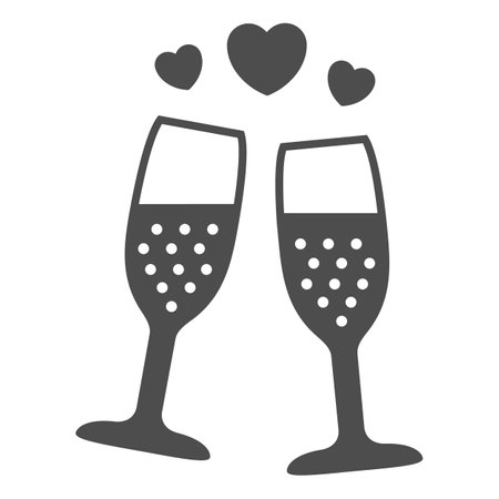 Champagne in glass with hearts solid icon, Valentines Day concept, Two glasses of sparkling champagne sign on white background, romantic dinner icon in glyph style. Vector graphics.のイラスト素材