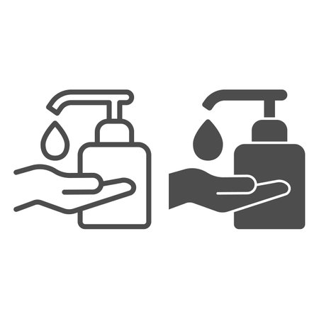 Sanitizer with drop and hand line and solid icon,   downturn concept, person doing hand hygiene sign on white background, Washing palm with liquid soap icon in outline style. Vector graphics.のイラスト素材