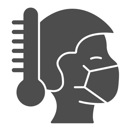 Thermometer and head of masked man solid icon,   downturn concept,   face protection sign on white background, Sick man with medical mask icon in glyph style. Vector graphic.のイラスト素材