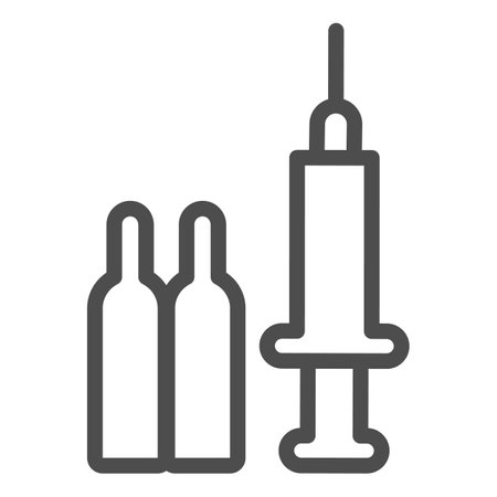 Antibiotic ampoules and syringe line icon, injections concept, Injector with ampoules sign on white background, Medical syringe with medicine vials icon in outline style. Vector graphics.のイラスト素材