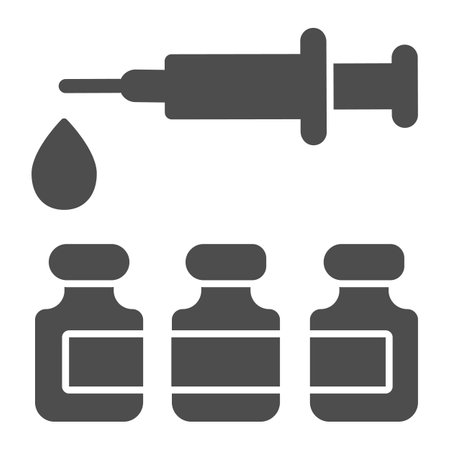 Syringe and vaccine in jars solid icon, injections concept, Vaccination protection sign on white background, Syringe and three glass jar icon in glyph style for mobile. Vector graphics.のイラスト素材