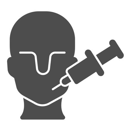 Human head and syringe solid icon, injections concept, Face mesotherapy sign on white background, Medical or beauty treatment for skin care icon in glyph style. Vector graphics.のイラスト素材