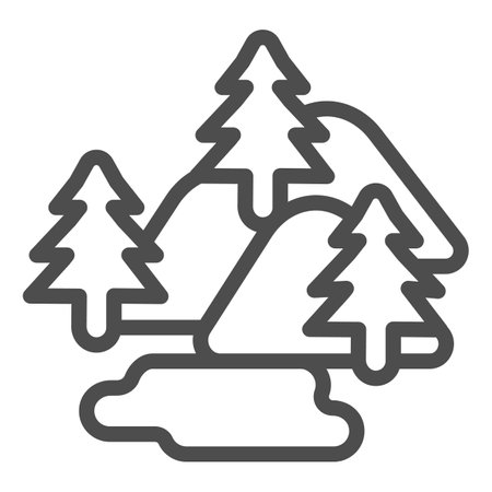 Christmas tree forest with mountains and frozen lake line icon, Winter season concept, Pine trees sign on white background, Winter forest icon in outline style. Vector graphics.のイラスト素材
