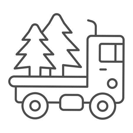 Truck with Christmas trees thin line icon, Winter season concept, Christmas Delivery sign on white background, Car with fir tree icon in outline style for mobile and web design. Vector graphics.のイラスト素材