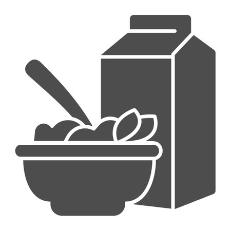 Porridge and milk packaging solid icon, Diet concept, breakfast cornflakes sign on white background, box and bowl with cereal icon in glyph style for mobile and web design. Vector graphics.のイラスト素材
