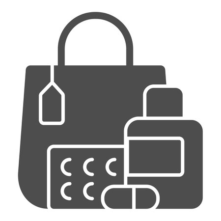 Shopping bag and pills supplements solid icon, Diet concept, pills and doctor bag sign on white background, Drugs with case icon in glyph style for mobile and web design. Vector graphics.のイラスト素材