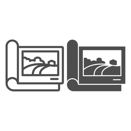 Album with paintings line and solid icon, online education concept, gallery folder sign on white background, picture with nature landscape in gadget icon in outline style for mobile. Vector graphics.のイラスト素材
