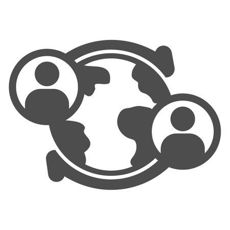 Planet earth and users solid icon, online education concept, social media network sign on white background, human international exchange and communication icon glyph style. Vector graphics.のイラスト素材