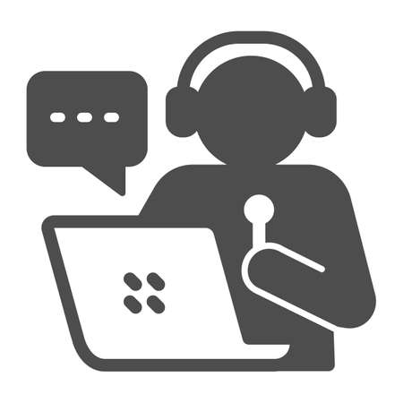Man with microphone and headphones behind laptop solid icon, startup concept, call center operator sign on white background, Announcer with microphone icon in glyph style. Vector graphics.のイラスト素材
