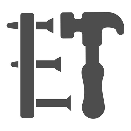 Hammer and board with nails solid icon, labour day concept, Carpentry sign on white background, hammer hitting nail icon in glyph style for mobile concept and web design. Vector graphics.のイラスト素材