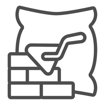 Brickwork with trowel and bag of cement line icon, labour day concept, cement bag and brick wall sign on white background, Brickwork icon in outline style for mobile. Vector graphics.のイラスト素材