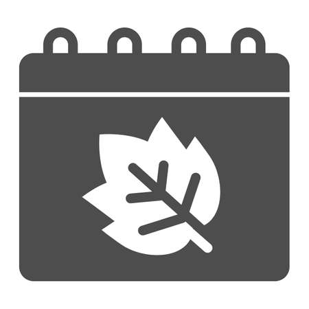Calendar with leaf solid icon, Thanksgiving Day concept, Autumn leaves on date page sign on white background, Canadian Thanksgiving Day Calendar icon in glyph style. Vector graphics.のイラスト素材