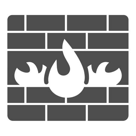 Brick wall with fire solid icon, web security concept, Firewall for defense against attacks sign on white background, unprotected cyber security brick wall icon in glyph. Vector graphics.のイラスト素材