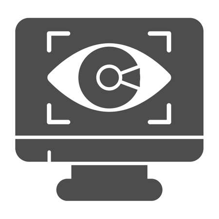 Monitor with eye solid icon, web security concept, Cyber eye symbol on white background, Application monitoring icon in glyph style for mobile concept and web design. Vector graphics.のイラスト素材