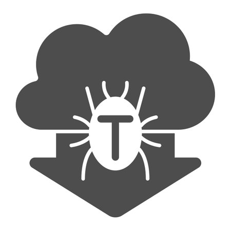 Data cloud with arrow and virus solid icon, web security concept, Virus download sign on white background, bug download from cloud icon in glyph style for mobile and web. Vector graphics.のイラスト素材