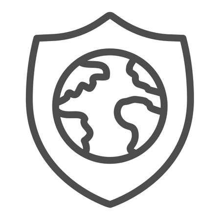 Emblem with planet earth line icon, web security concept, Global Shield sign on white background, cybersecurity icon in outline style for mobile concept and web design. Vector graphics.のイラスト素材