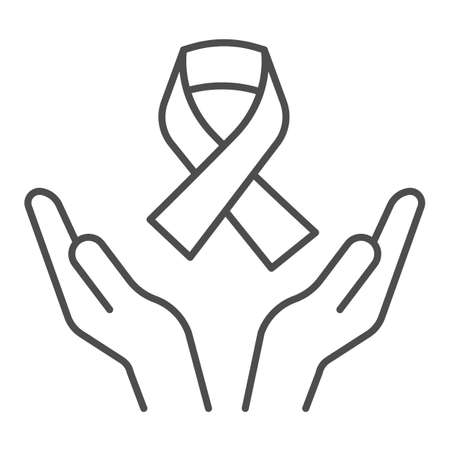 Hands holding cancer tape thin line icon, World cancer day concept, World Aids Day sign on white background, cancer tape on palms of hands icon in outline style for mobile, web. Vector graphicsのイラスト素材