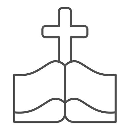 Bible book and cross thin line icon, Happy Easter concept, Open book with religion cross symbol on white background, Holy Bible icon in outline style for mobile and web design. Vector graphics.のイラスト素材
