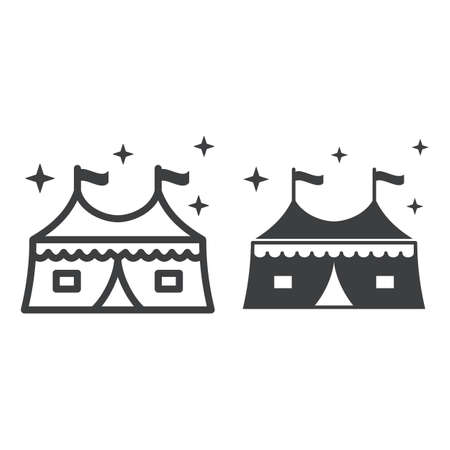 Tent with attractions line and solid icon, The rides concept, circus tent sign on white background, Carnival camping tent icon in outline style for mobile concept and web design. Vector graphics.のイラスト素材