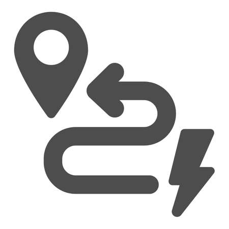 Route to EV charging station solid icon, electric car concept, Charge geo tag on map sign on white background, Route and location pin with lightning icon in glyph style. Vector graphics.のイラスト素材
