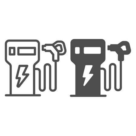 EV charging station with refueling gun line and solid icon, electric car concept, Electric fuel pump station sign on white background, Charging point for hybrid vehicles icon outline. Vector graphics.のイラスト素材