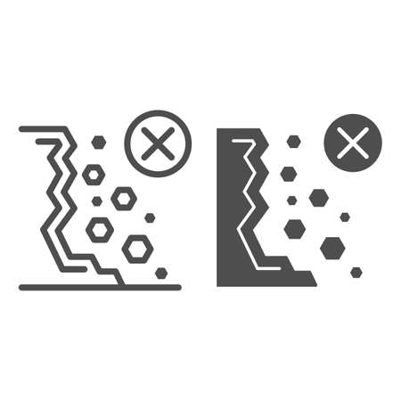 No rockfall line and solid icon, Safety engineering concept, Destruction road sign on white background, falling rocks icon in outline style for mobile concept and web design. Vector graphics.のイラスト素材