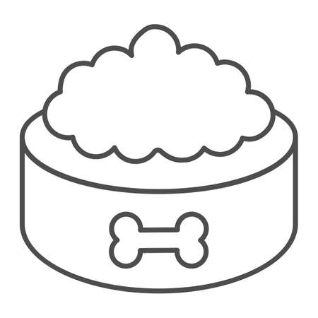 Food in dog bowl with bone thin line icon, animal hospital concept, Dry pet food sign on white background, pet bowl with dry food icon in outline style for mobile, web design. Vector graphics.のイラスト素材