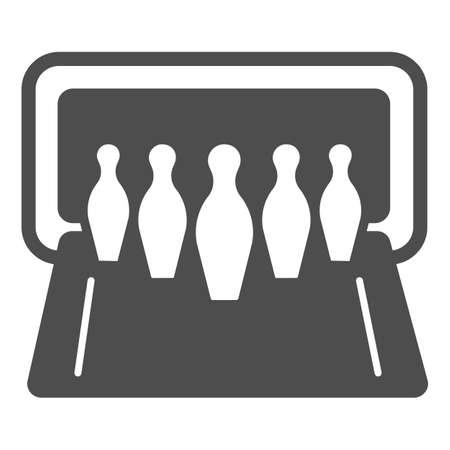 Skittles on alley solid icon, bowling concept, pins skittle sign on white background, bowling ball strike icon in glyph style for mobile concept and web design. Vector graphics.のイラスト素材