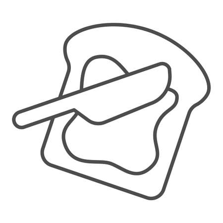 Slice of buttered bread and knife thin line icon, dairy products concept, toast slice with butter sign on white background, french-toast icon in outline style for mobile and web. Vector graphics.のイラスト素材