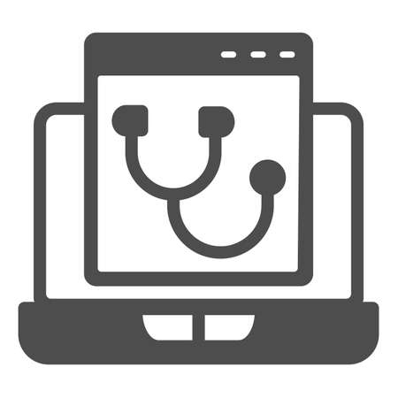 Laptop program page with stethoscope solid icon, pcrepair concept, laptop vector sign on white background, program page glyph style for mobile concept and web design. Vector graphics.のイラスト素材