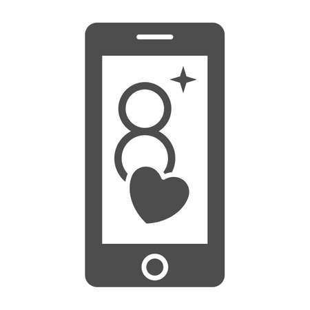 Message for beloved on phone solid icon, 8 March concept, smartphone with heart and person avatar sign on white background, March holiday greeting message icon glyph style. Vector graphics.のイラスト素材