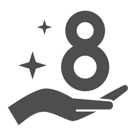 Eight on woman hand solid icon, 8 March concept, Happy Women Day sign on white background, Palm with number eight icon in glyph style for mobile concept and web design. Vector graphics.のイラスト素材