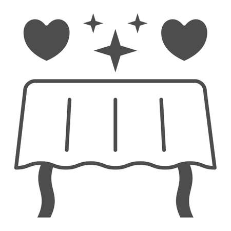 Table and romantic evening for two solid icon, 8 March concept, table with hearts sign on white background, Romantic dinner for two icon in glyph style for mobile and web. Vector graphics.のイラスト素材