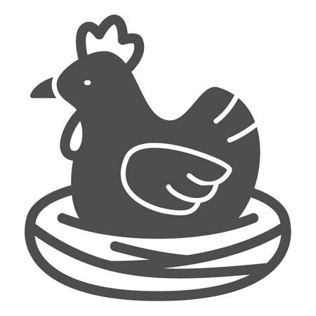 Chicken in nest solid icon, poultry concept, brood hen bird vector sign on white background, glyph style icon for mobile concept and web design. Vector graphics.のイラスト素材