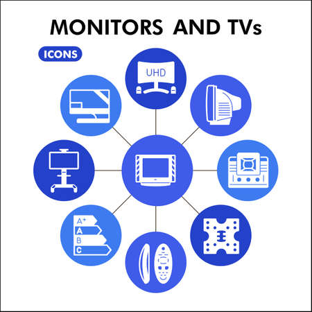 Modern tv Infographic design template. Monitor inphographic visualization with nine steps circle design on blue background. Screen template for presentation. Creative vector illustration infographic.のイラスト素材