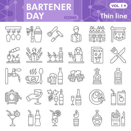 Bartender line icon set, alcoholic beverages symbols collection or sketches. Bar and pub thin line linear style signs for web and app. Vector graphics isolated on white background.のイラスト素材