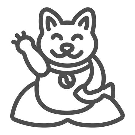 Japanese cat luck souvenir on pillow line icon, asian culture concept, maneki neko vector sign on white background, outline style icon for mobile concept and web design. Vector graphics.のイラスト素材