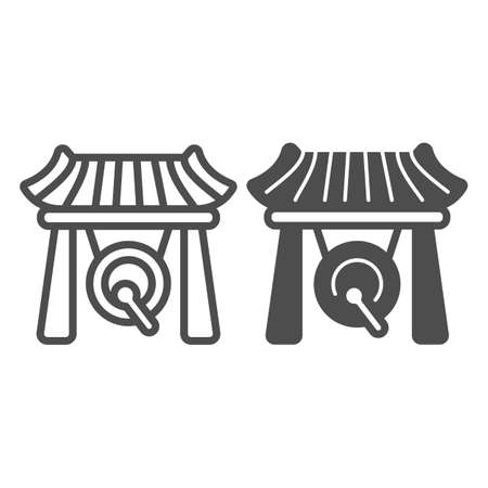 Japanese gazebo, gong and wooden roof line and solid icon, architecture concept, asian povilion vector sign on white background, outline style icon for mobile concept and web design. Vector graphics.のイラスト素材