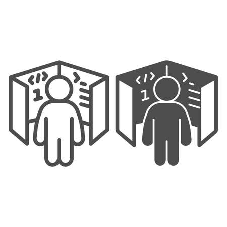 Ui ux designer, cube with code references, board line and solid icon, it concept, web developer vector sign on white background, outline style icon for mobile concept and web design. Vector graphics.のイラスト素材