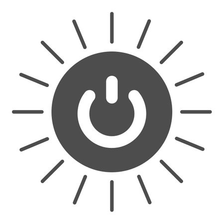 Round switch on off button with sun rays solid icon, energy concept, source of power vector sign on...