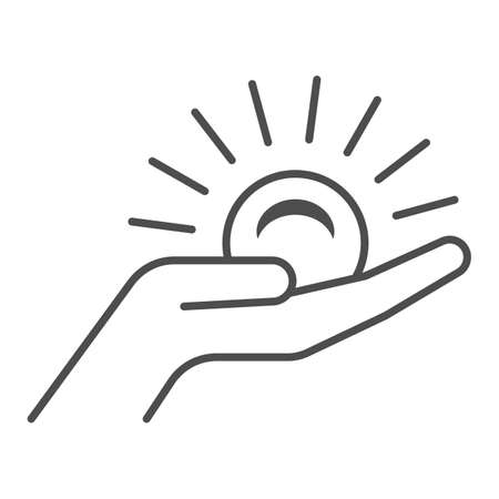 Sun on palm of the hand thin line icon, weather and climate concept, sunset on the hand vector sign on white background, outline style icon for mobile concept and web design. Vector graphics.のイラスト素材