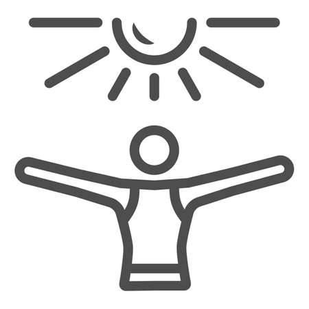 Person greets sun with wide open hands line icon, nature concept, morning exercise vector sign on white background, outline style icon for mobile concept and web design. Vector graphics.のイラスト素材