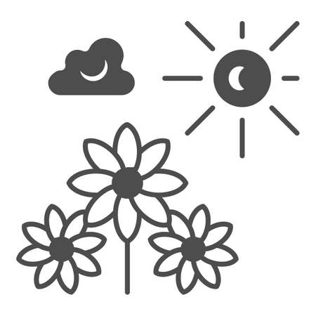 Sun illuminate flowers, cloud, sky solid icon, nature concept, sunshine and bloom vectror sign on white background, glyph style icon for mobile concept and web design. Vector graphicsのイラスト素材