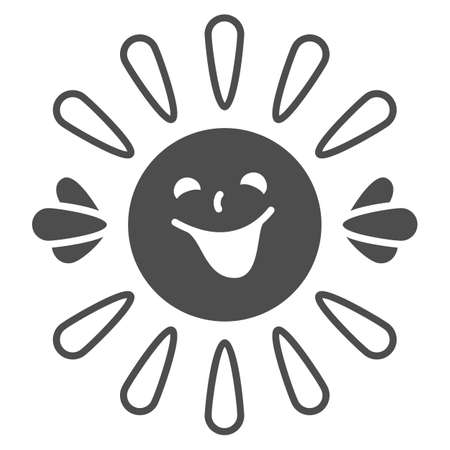 Sun with smiley face, beams and hands solid icon, weather concept, sunshine smiles vector sign on white background, glyph style icon for mobile concept and web design. Vector graphics.のイラスト素材