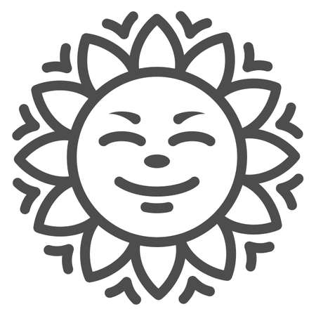 Sun with smiley face and beams line icon, weather and climate concept, sunshine smile vector sign on white background, outline style icon for mobile concept and web design. Vector graphics.のイラスト素材