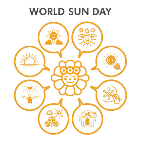 Modern Sun Infographic design template. Solar inphographic visualization with nine steps circle design on white background. Sunlight template for presentation. Creative vector illustration.のイラスト素材