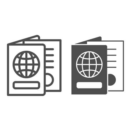 Passport with globe, world cover line and solid icon, security check concept, travel document vector sign on white background, outline style icon for mobile concept and web design. Vector graphics.のイラスト素材