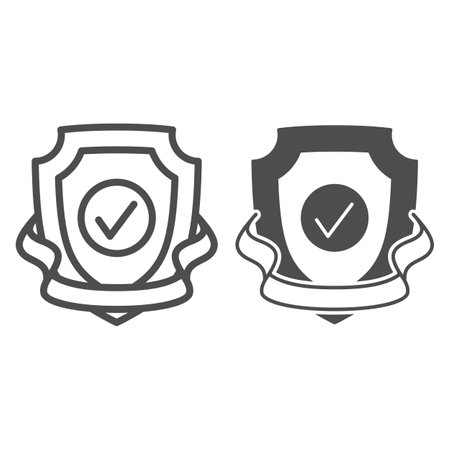 Shield, checkmark, ribbon, protection line and solid icon, security concept, safety control vector sign on white background, outline style icon for mobile concept and web design. Vector graphics.のイラスト素材